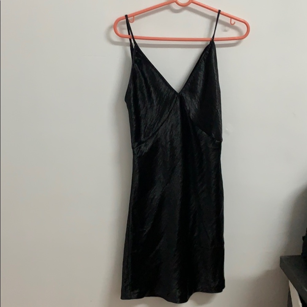 Black satin, lower back mini dress